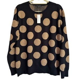 NWT Ann Taylor Polka Dot Shimmer Crewneck Sweater Black Gold Holiday Size Large